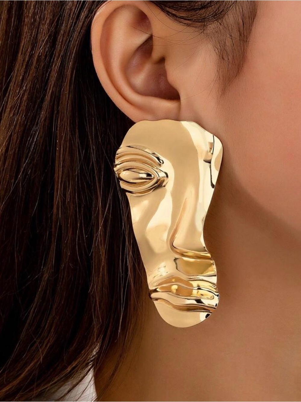 Gold Abstract Face Statement Earrings - Women Jewelry
